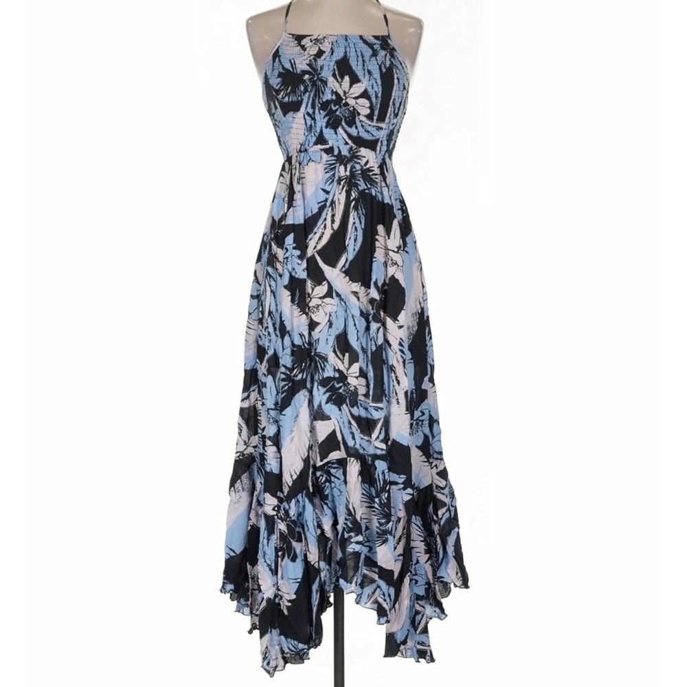 Free People Maxi Dress Blue White Heat Wave Floral Tropical Ruffle Boho